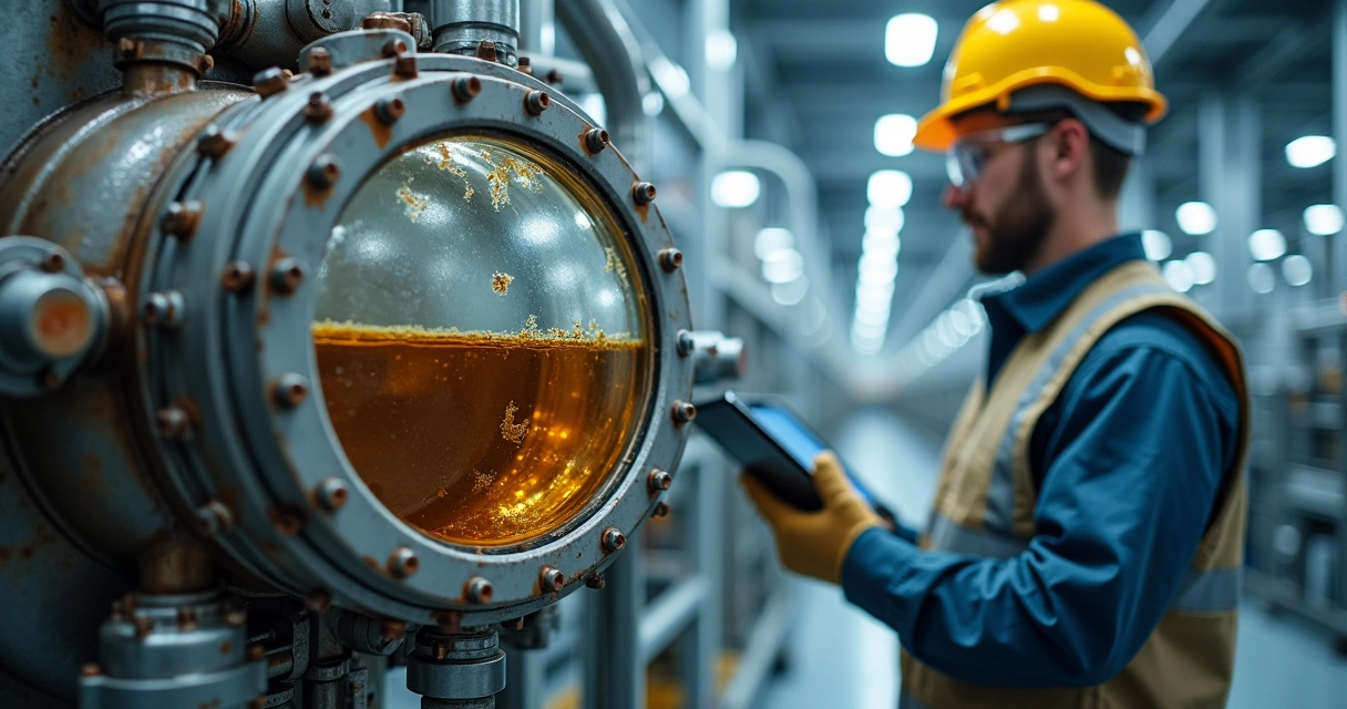 Técnico inspecionando verniz em óleo de sistema hidráulico industrial