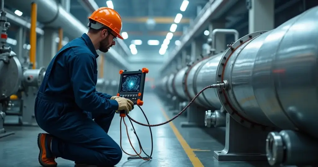 Técnico usando videoboroscópio para inspecionar interior de tubulação industrial