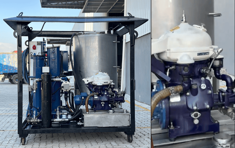 Centrífuga industrial separando óleo e água em planta fabril