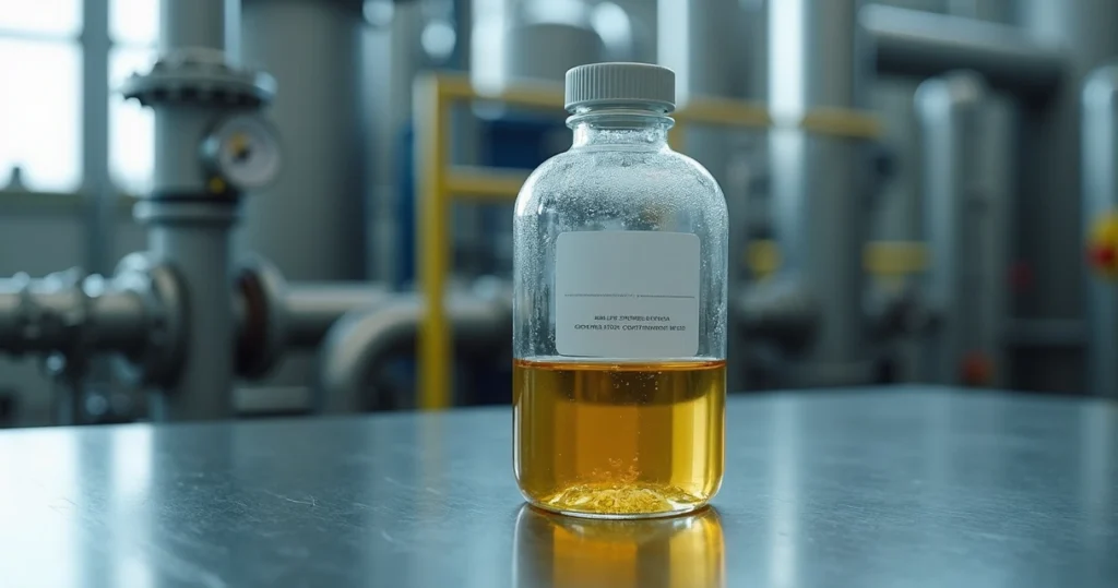 Amostra de óleo industrial com separação visível entre óleo e água em frasco transparente