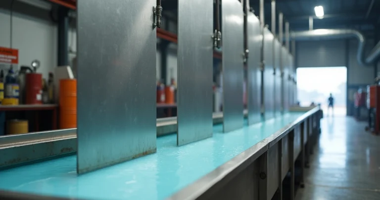 Placas de aço inoxidável sendo submetidas a decapagem química em ambiente industrial