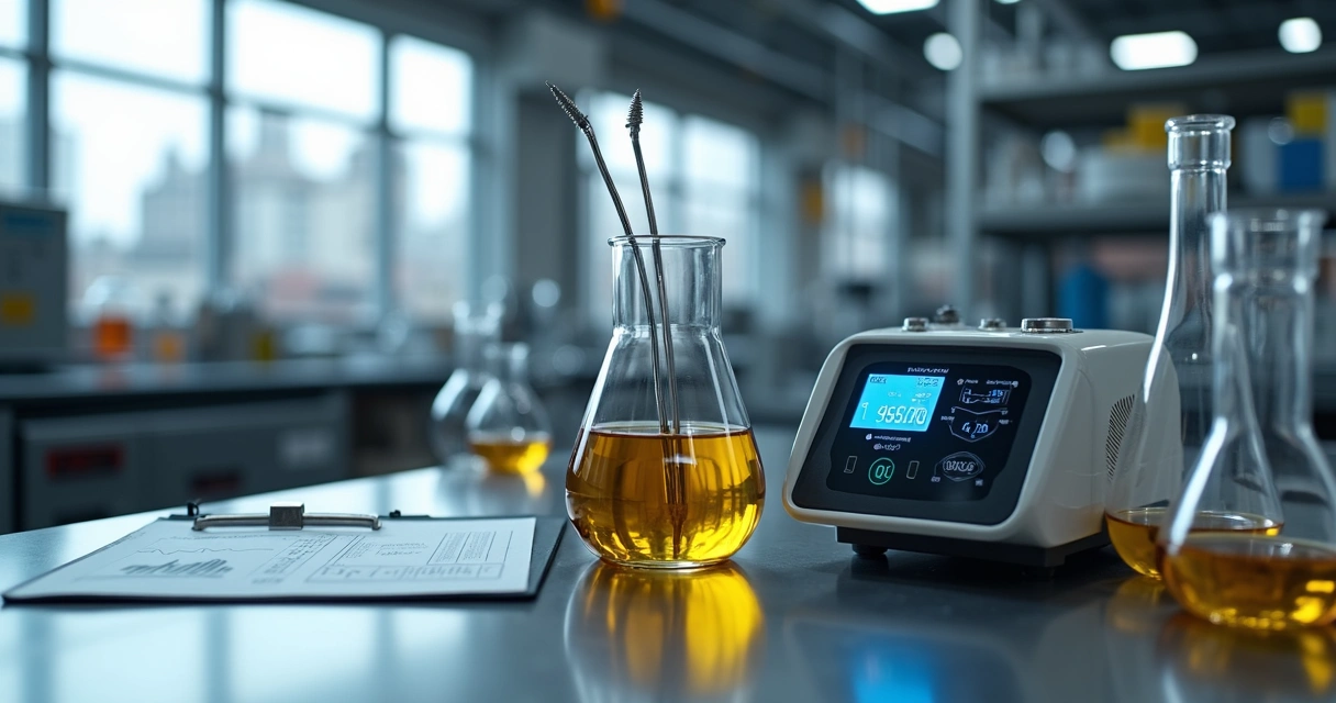 Bancada de laboratório com amostras de óleo industrial e medidor de condutividade digital