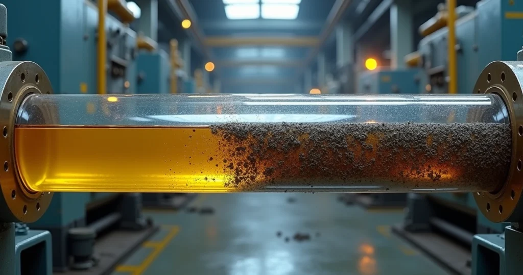 Close-up de tubulação hidráulica industrial cortada mostrando fluido limpo e fluido contaminado com partículas sólidas
