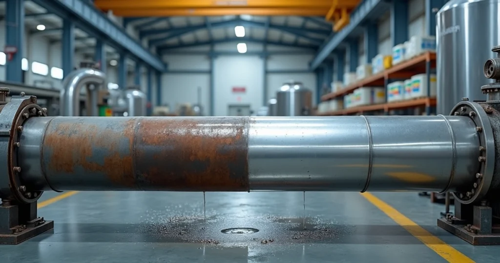 Comparação de tubulação inox antes e depois da limpeza química industrial