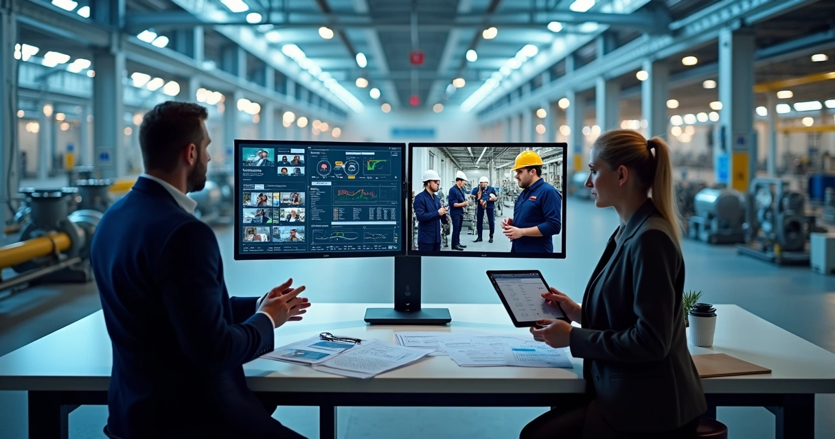 Gerente avaliando suporte técnico externo e equipe interna em planta industrial moderna