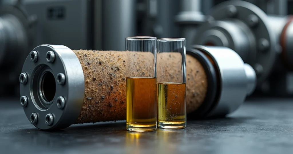 Filtro de óleo industrial cortado revelando meio filtrante com partículas retidas