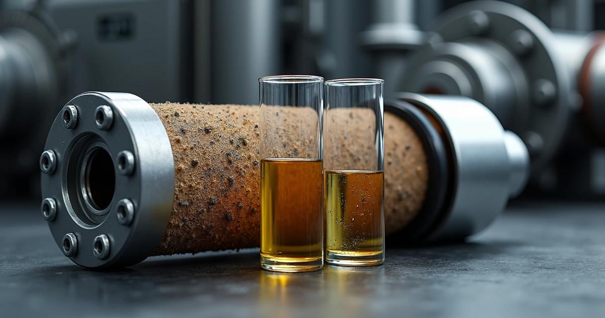Filtro de óleo industrial cortado revelando meio filtrante com partículas retidas