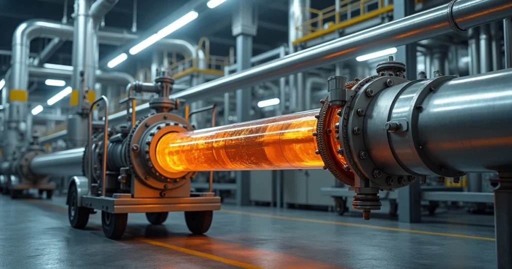 Fluido de óleo aquecido circulando em tubulação industrial durante processo de flushing