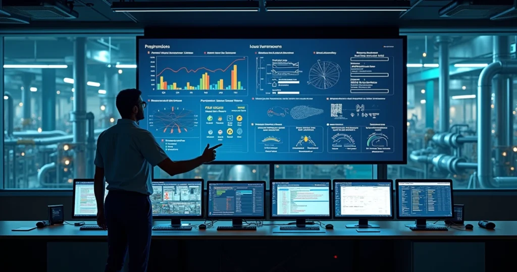 Gerente analisando painel digital de dados de manutenção em sala de controle industrial
