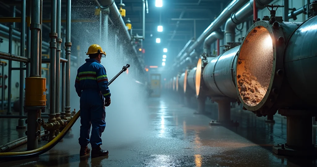 Hidrojateamento de alta pressão limpando estrutura metálica em planta industrial complexa