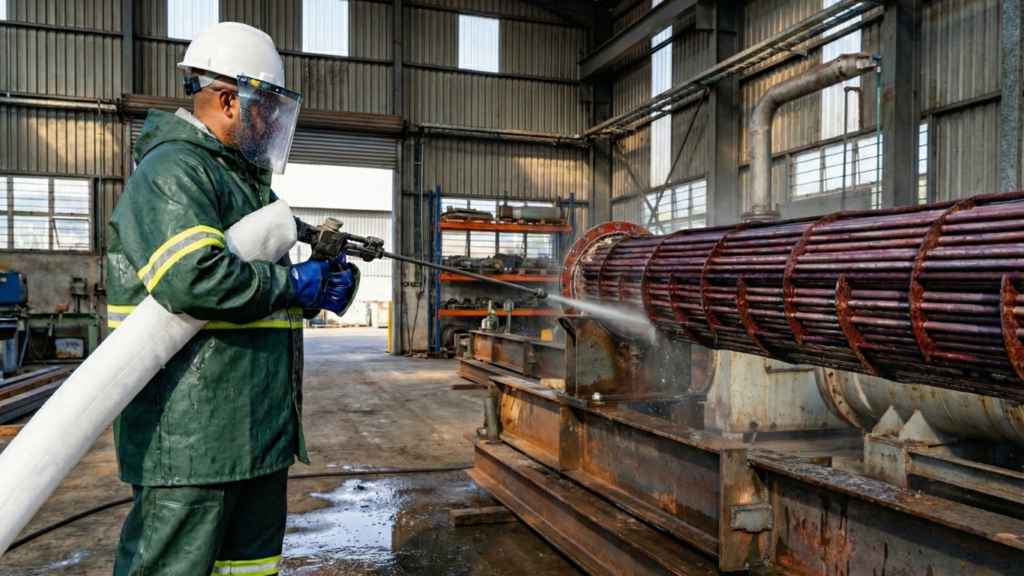 Encanador industrial inspeciona tubulação limpa após steam blow e hidrojateamento