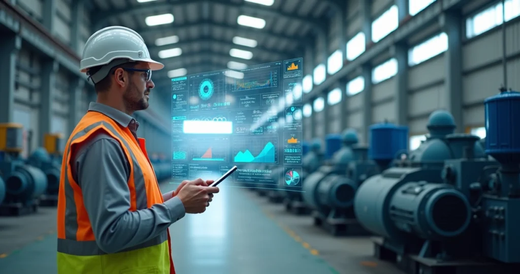 Engenheiro analisa painel digital com indicadores de desgaste de máquinas industriais