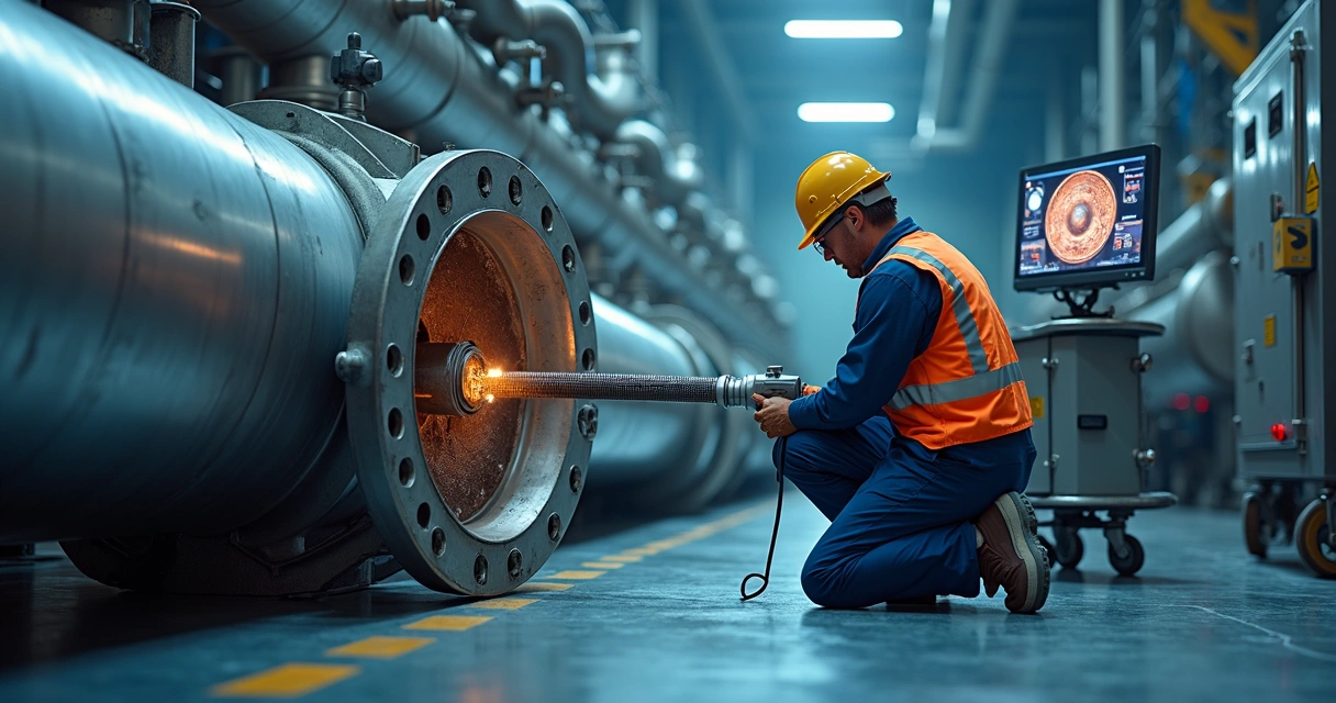 Câmera endoscópica inspecionando interior de tubulação industrial iluminada