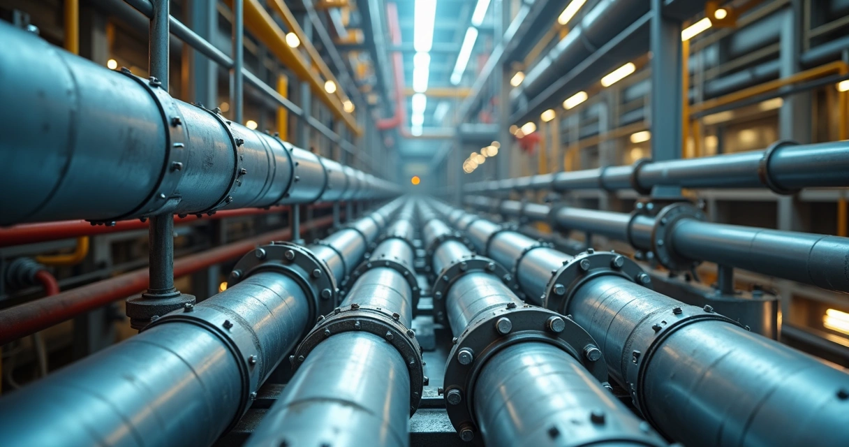 Vista superior de rede de tubulações industriais coloridas com ícones de monitoramento e sensores