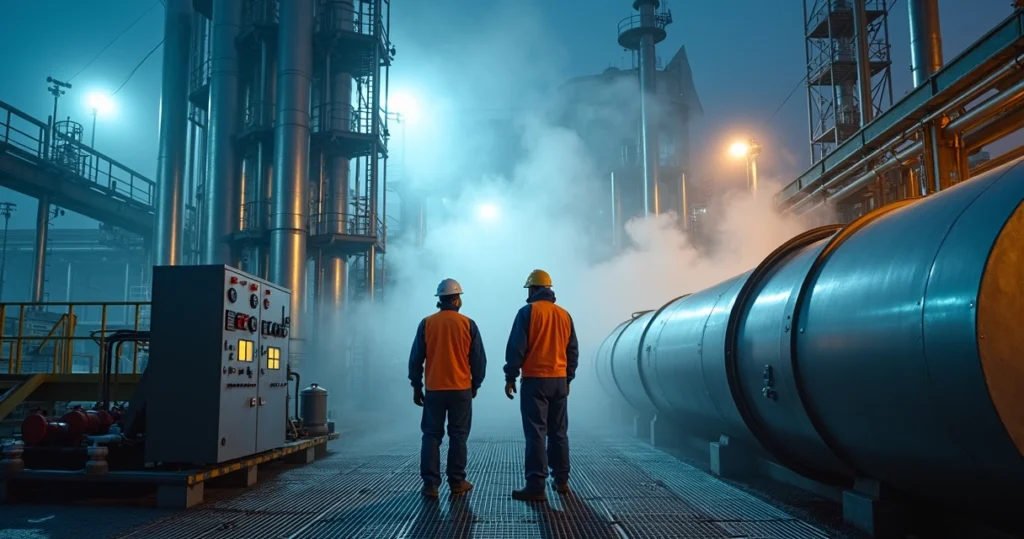 Equipe operando limpeza com vapor em torre industrial à noite