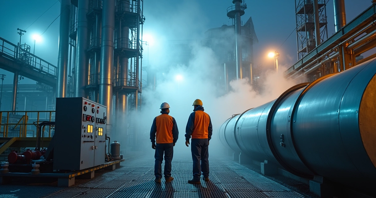 Equipe operando limpeza com vapor em torre industrial à noite