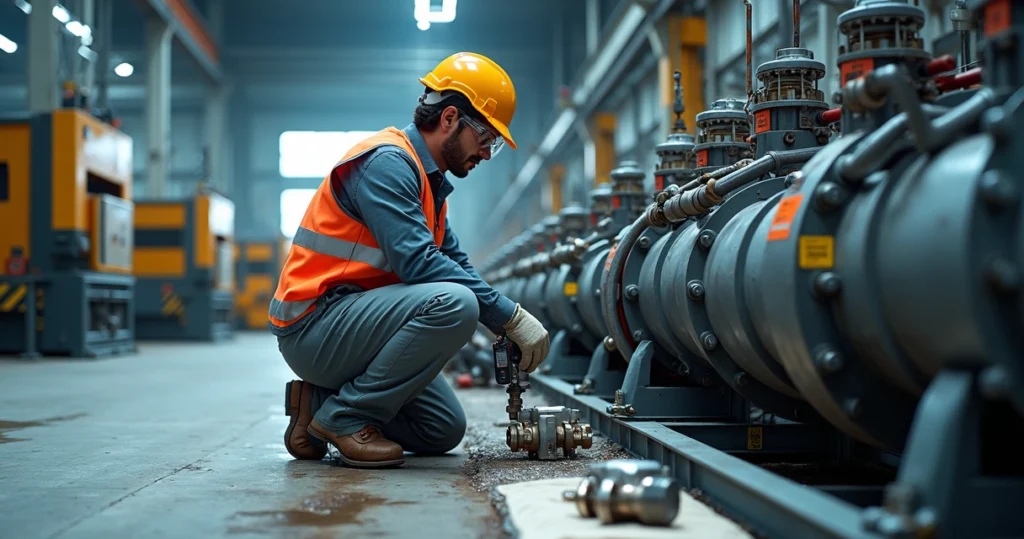 Técnico verifica sistema hidráulico industrial com mangueiras e válvulas pressurizadas