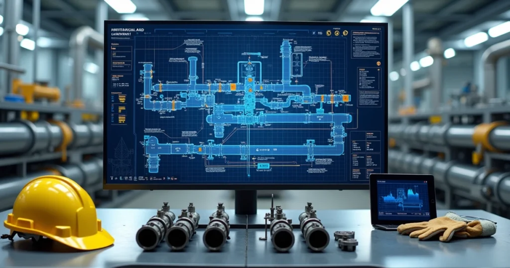 Vista de cima de workstation industrial com diagrama de fluxo de flushing e peças metálicas contaminadas e limpas lado a lado