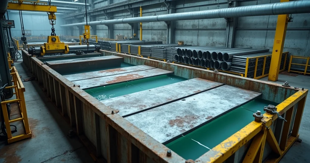 Barras de aço sendo tratadas em tanque industrial de decapagem química