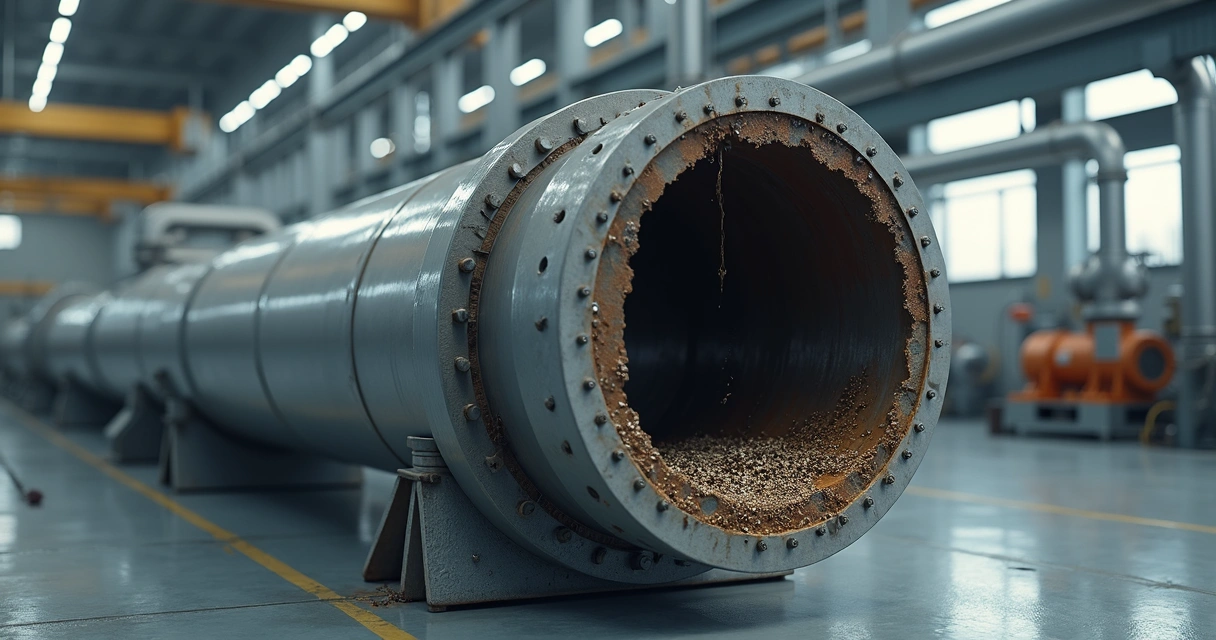 Interior de tubulação industrial nova iluminada revelando contaminação oculta