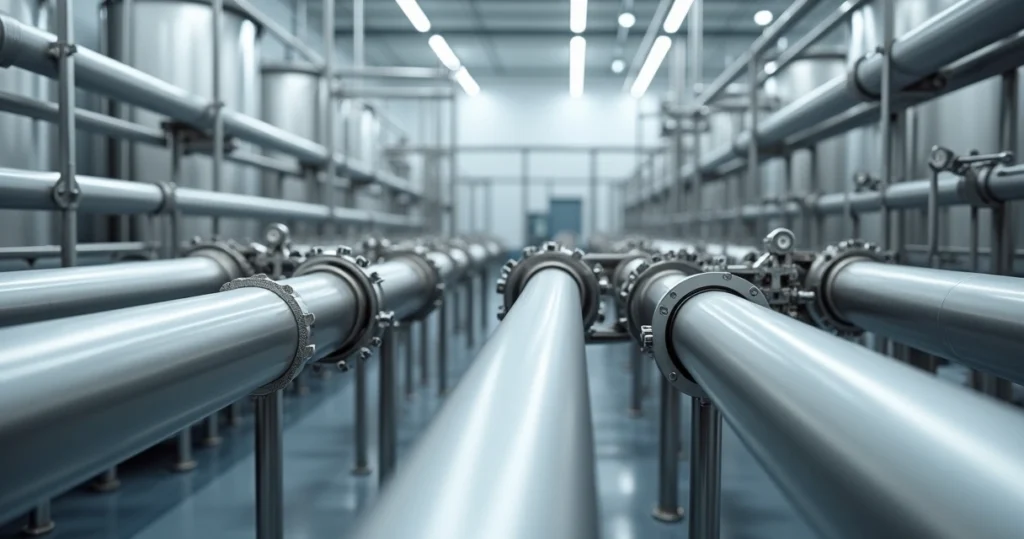 Rede de tubulações de aço inox brilhantes em ambiente industrial limpo
