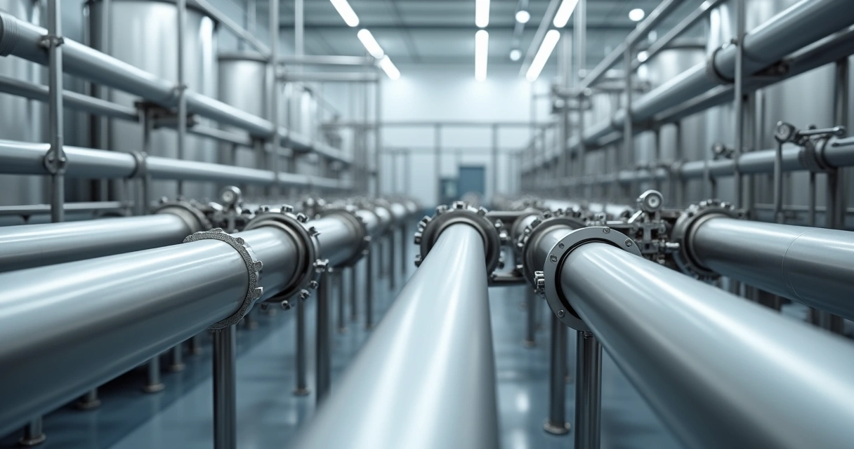 Rede de tubulações de aço inox brilhantes em ambiente industrial limpo