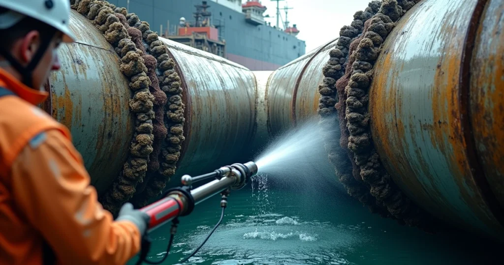 Tubulação marinha incrustada sendo parcialmente limpa com jato de alta pressão