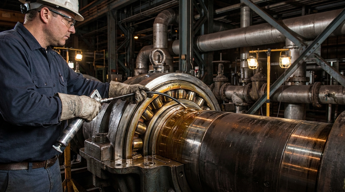 Grande mancal industrial sendo lubrificado com sistema de óleo monitorado