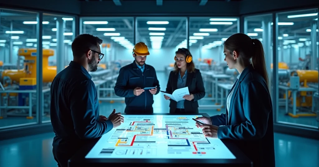 Gestores industriais sincronizando comunicação com painéis digitais ao fundo