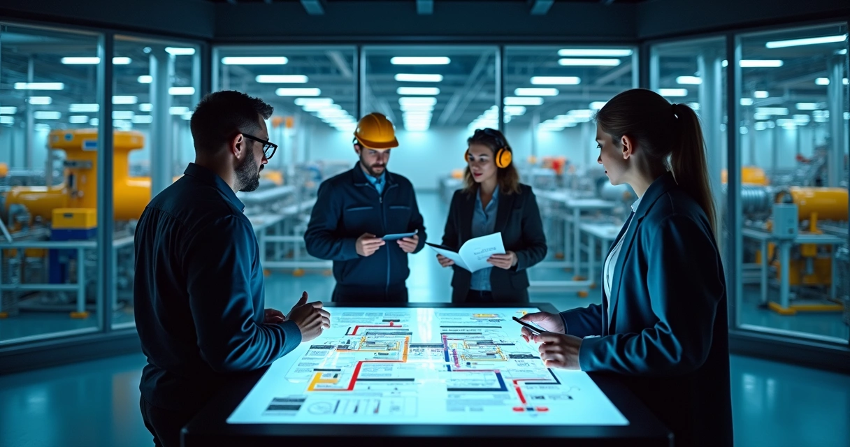 Gestores industriais sincronizando comunicação com painéis digitais ao fundo