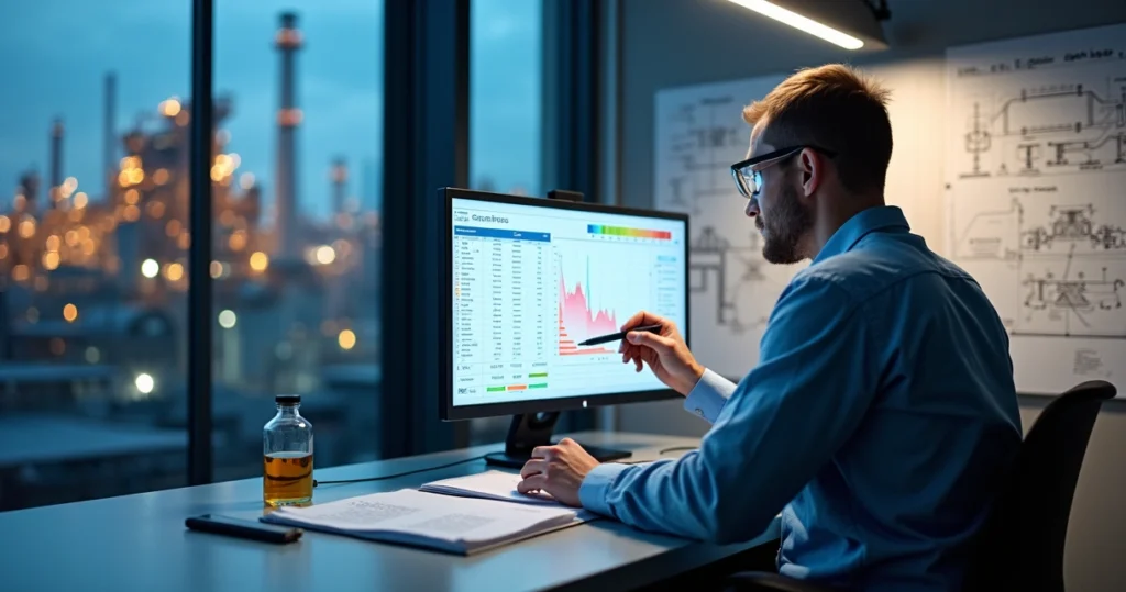 Engenheiro analisa gráfico de contagem ISO de amostra de óleo industrial