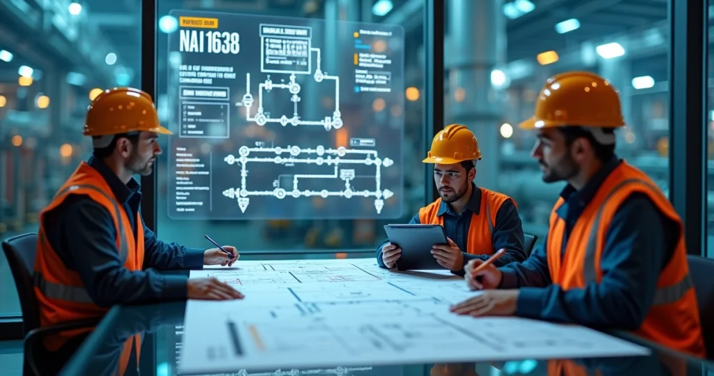 Equipe de engenheiros avaliando projeto de flushing industrial em sala de controle