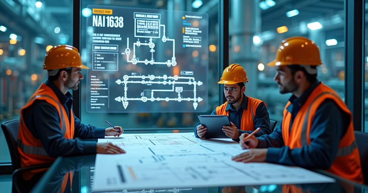 Equipe de engenheiros avaliando projeto de flushing industrial em sala de controle