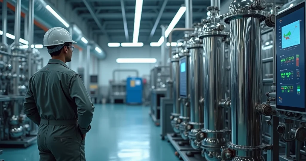 Operador observando painel digital com máquina de filtragem de óleo em ambiente industrial limpo