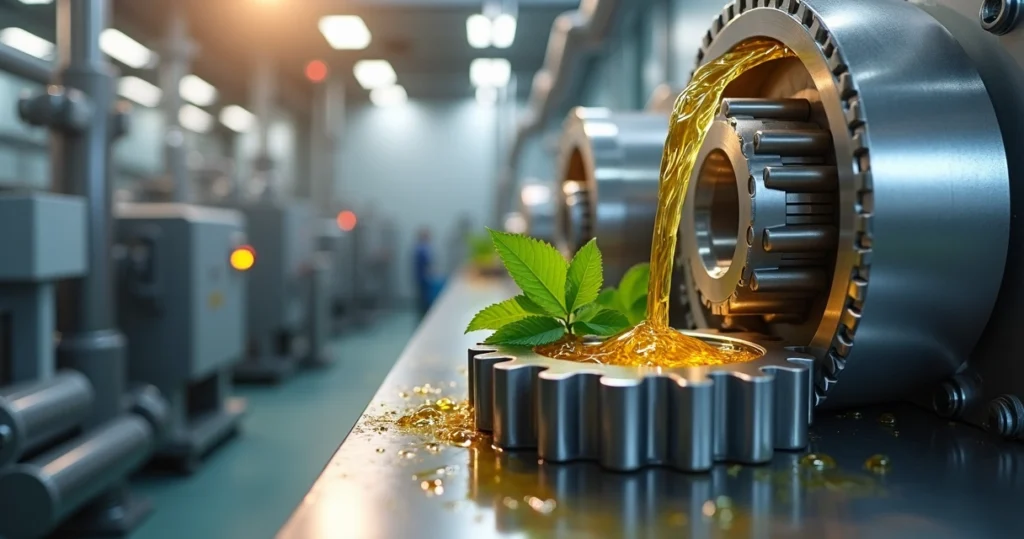 Linha de lubrificante industrial filtrado fluindo sobre engrenagens metálicas e folhas verdes