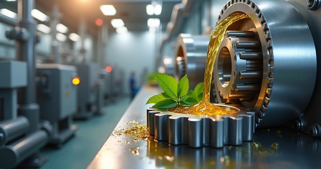 Linha de lubrificante industrial filtrado fluindo sobre engrenagens metálicas e folhas verdes