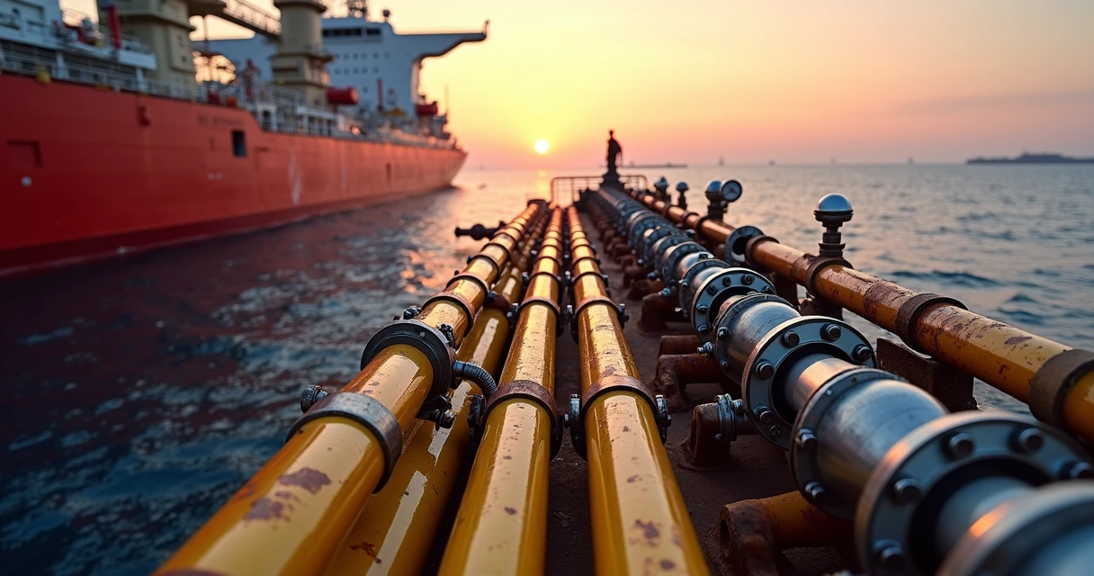 FPSO no mar com mangueiras e tubulações de óleo destacadas