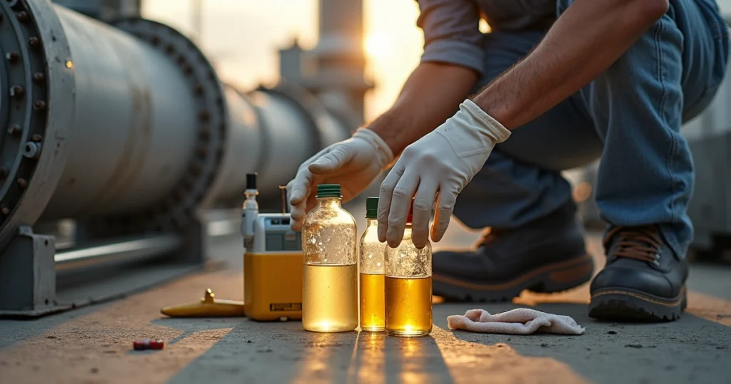Técnico segurando frasco transparente com óleo leitoso ao lado de máquina industrial