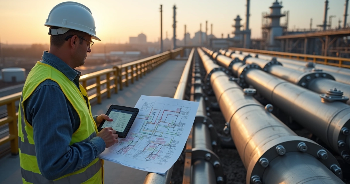 Engenheiro analisando diagramas ao lado de longa linha de tubulação industrial