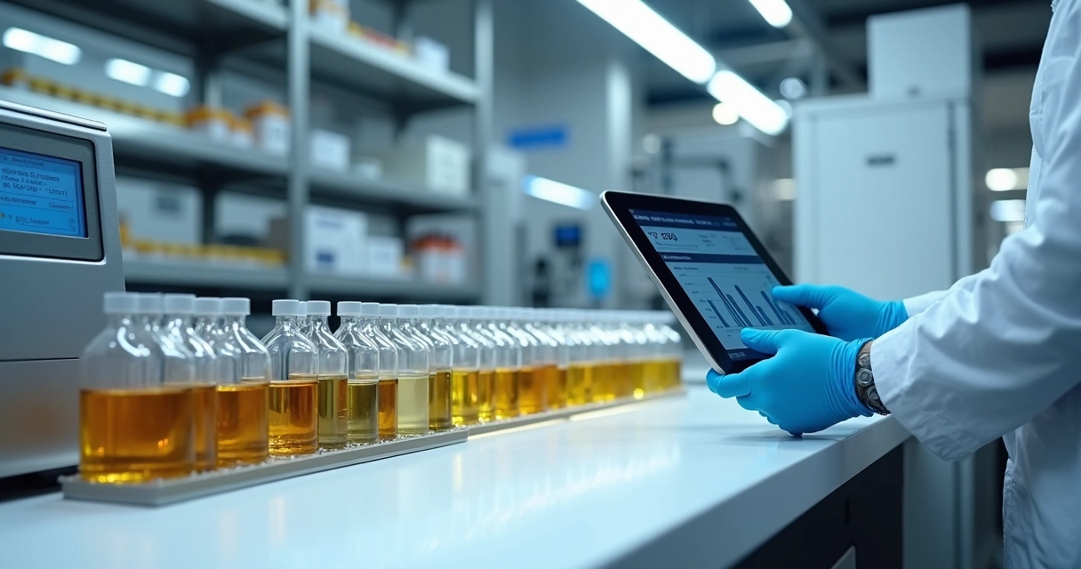 Bancada de laboratório com frascos de lubrificantes sintéticos e amostras sendo analisadas