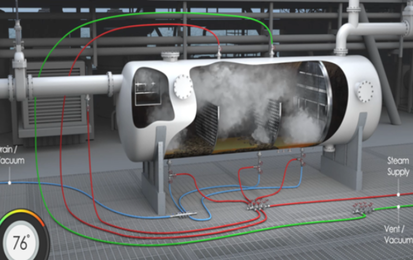 Trocador de calor industrial recebendo limpeza química com vapor saturado