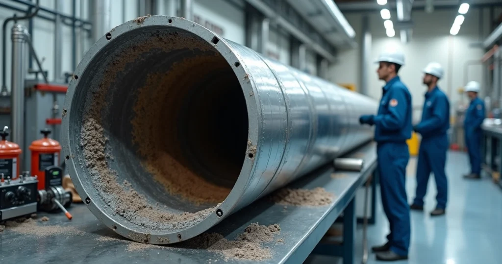 Corte transversal de tubulação industrial mostrando incrustação antes e depois da limpeza quimica