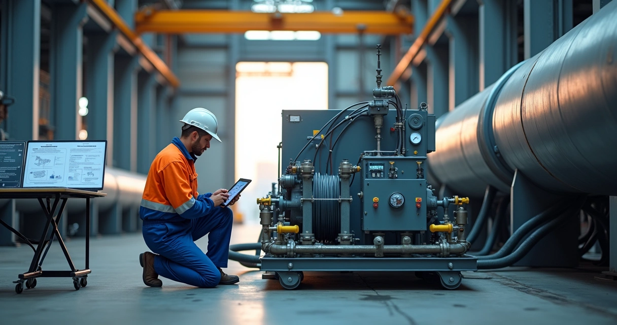 Skid de bombeamento de flushing alugado operando em planta industrial moderna