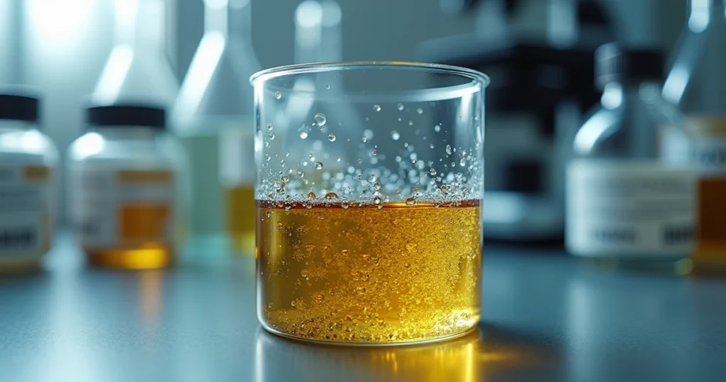 Visualização microscópica mostrando óleo emulsificado com gotas de água dispersas