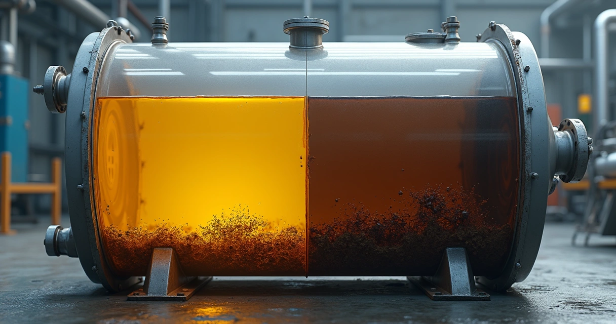 Reservatório hidráulico metálico cortado ao meio mostrando contraste entre óleo limpo e óleo contaminado