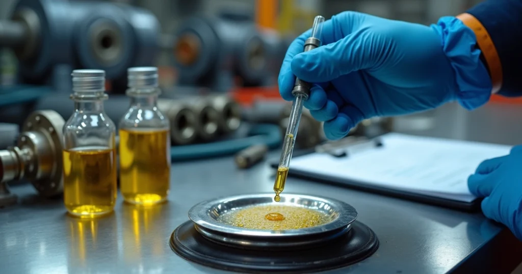 Operador industrial realizando teste de crepitação em amostra de óleo hidráulico em bancada