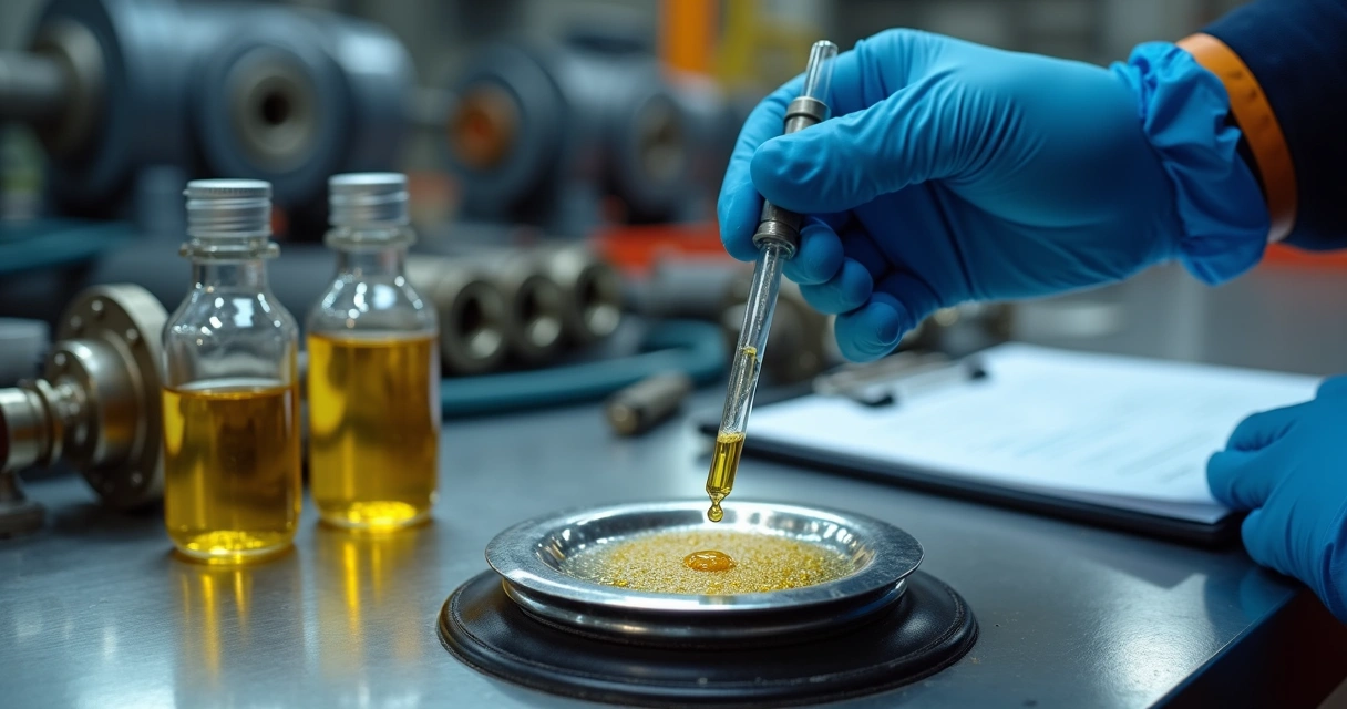 Operador industrial realizando teste de crepitação em amostra de óleo hidráulico em bancada
