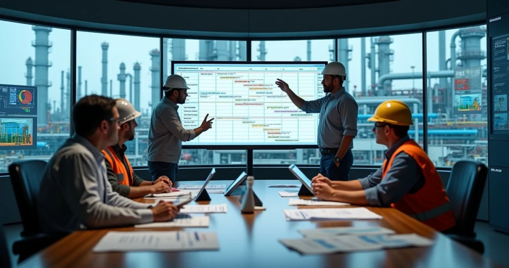 Sala de controle industrial com equipe planejando cronograma de flushing em tela grande
