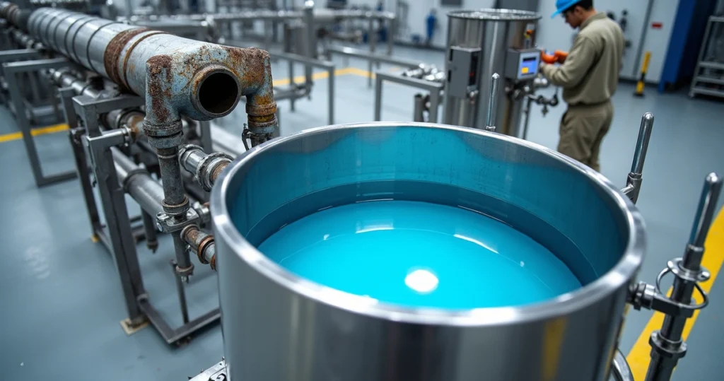 Tanque metálico com solução química azul circulando em tubulações industriais