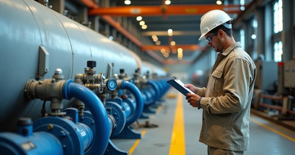 Engenheiro inspecionando vaso de pressão durante teste hidrostático em área industrial